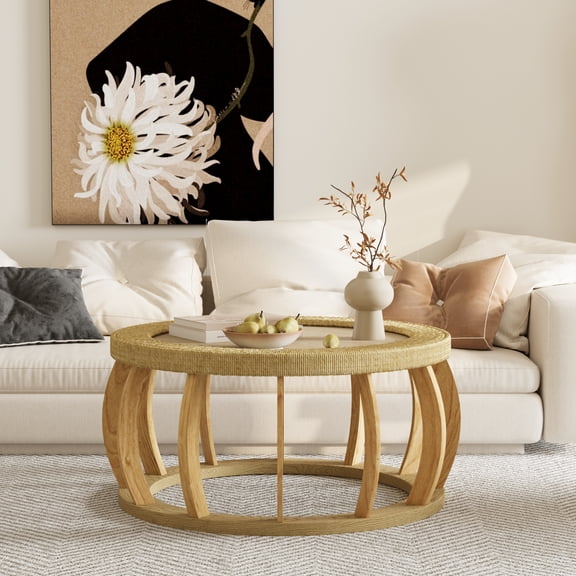 Vintage Rattan Solid Wood Round Coffee Table, Boho Accent Table with Curved Legs for Living Room, Dining Room, Kitchen, Natural