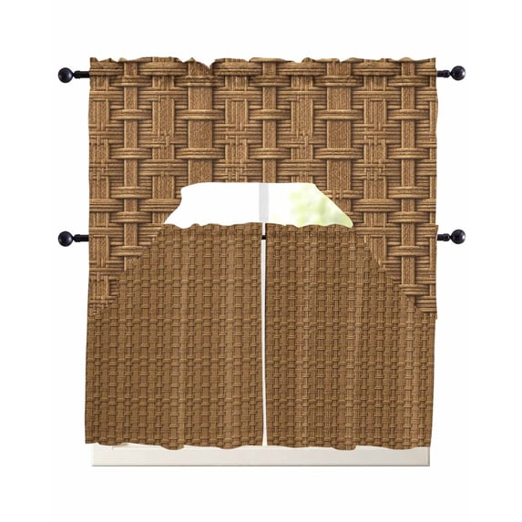 Vintage Rattan Swag Curtains for Living Room/Bedroom Windows, Minimalist Abstract Wicker Texture Brown Kitchen Curtains and Valances Set 36 Inch Length, Light Filtering Swags Valance Curtain Panels