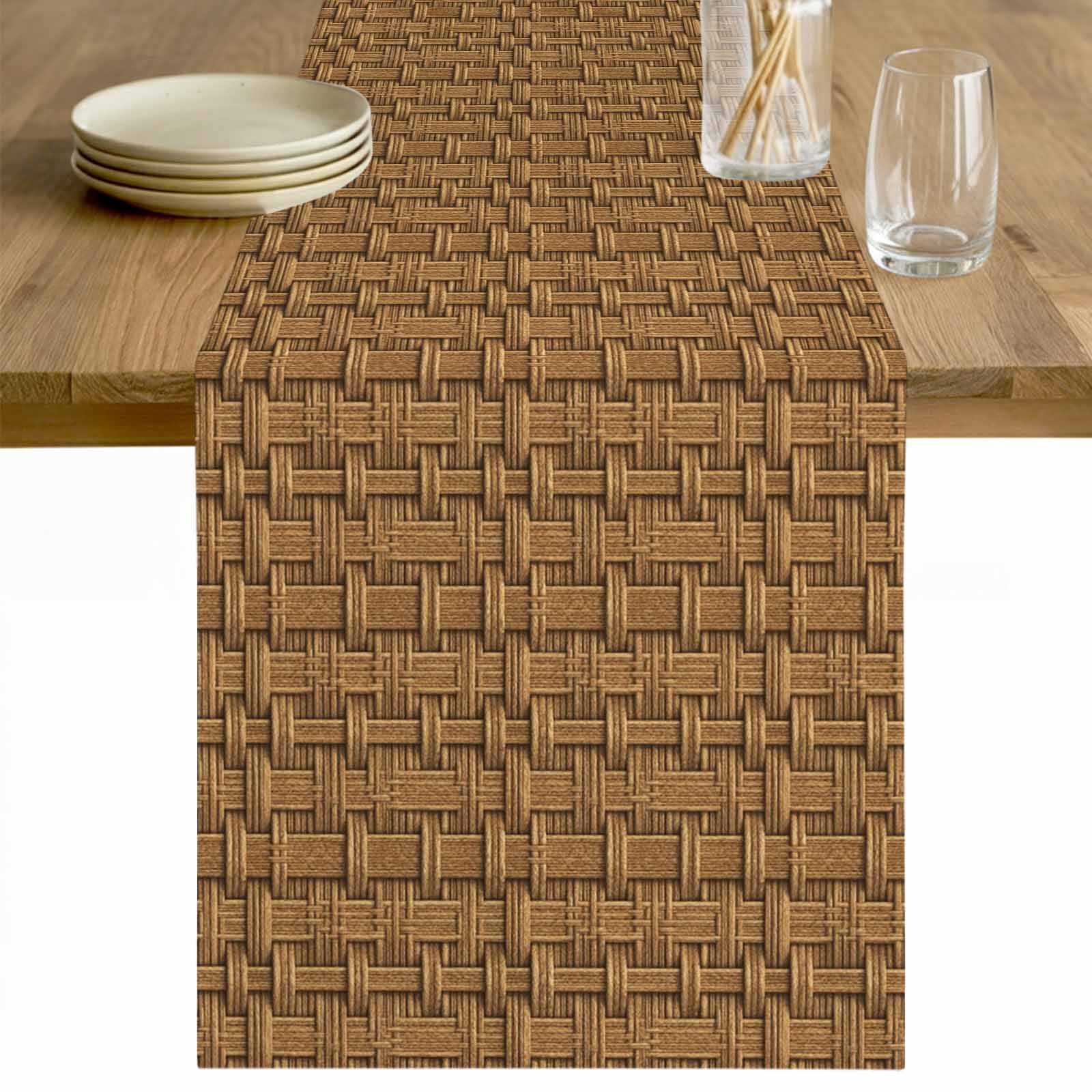 Vintage Rattan Table Runner - 60 Inch Long Minimalist Abstract Wicker Texture Brown Cotton and Linen Blended Dress Scarves Farmhouse Table Runner for Kitchen Dining, Coffee Table, 13" x 60"