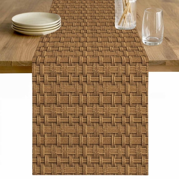 Vintage Rattan Table Runner - 90 Inch Long Minimalist Abstract Wicker Texture Brown Cotton and Linen Blended Dress Scarves Farmhouse Table Runner for Kitchen Dining, Coffee Table, 13" x 90"