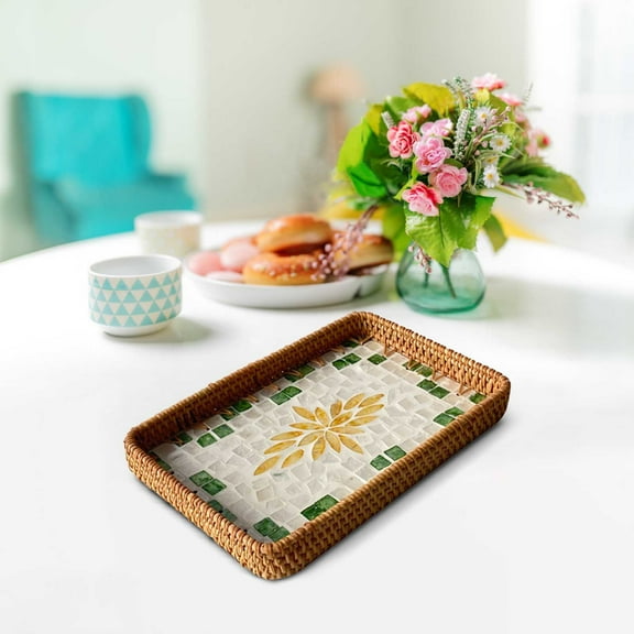 Vintage Rattan Tray with Shell Mosaic, Decorative Tray and Serving Tray with Handle in Boho Style