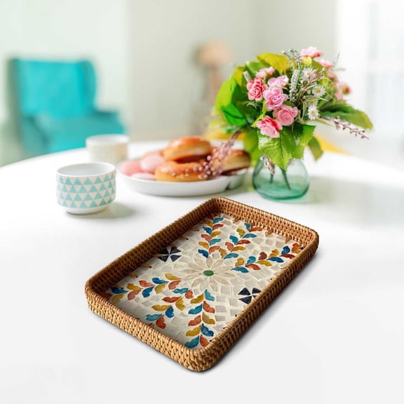 Vintage Rattan Tray with Shell Mosaic, Decorative Tray and Serving Tray with Handle in Boho Style