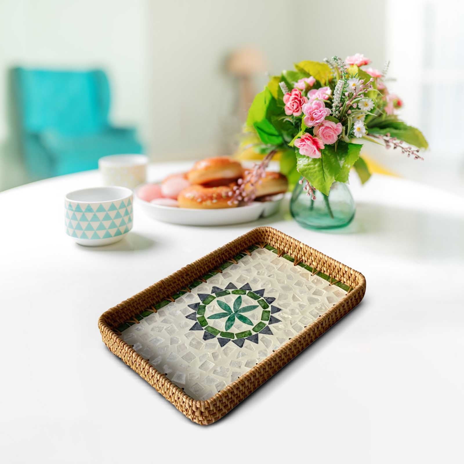 Vintage Rattan Tray with Shell Mosaic, Decorative Tray and Serving Tray ...