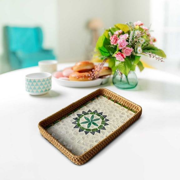 Vintage Rattan Tray with Shell Mosaic, Decorative Tray and Serving Tray with Handle in Boho Style