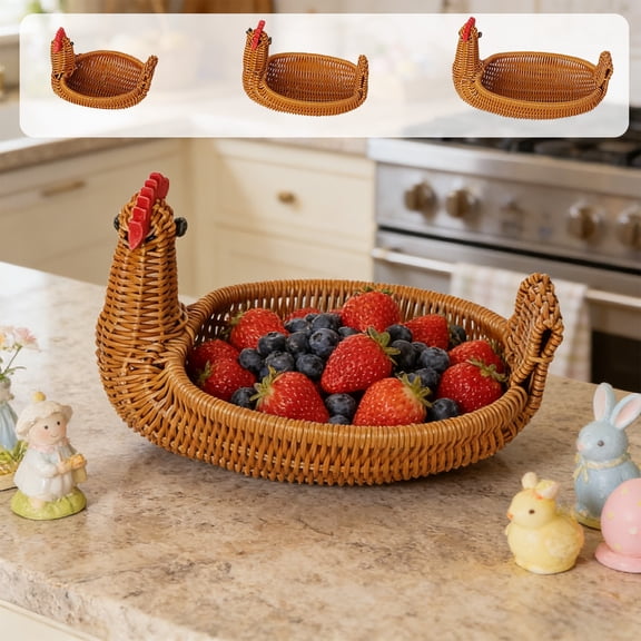 Vintage Rattan Woven Basket in Decorative Chicken Shaped Design, Farmhouse Easter Decor Egg Display Storage Basket for Counter