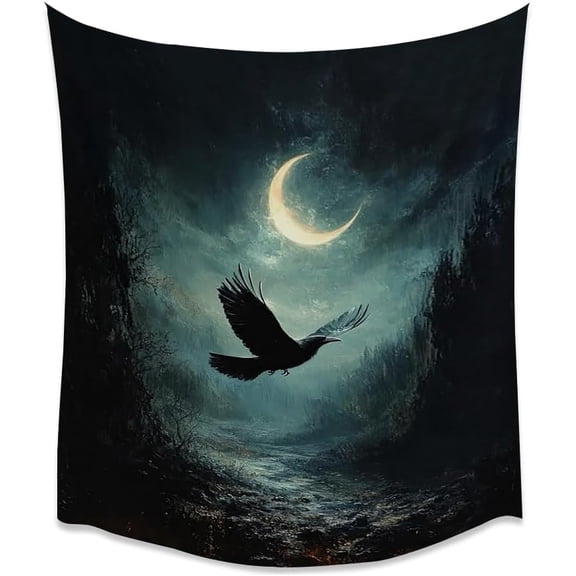 Vintage Raven in Moonlit Aesthetic Tapestry Dark Academia Gothic Halloween Wall Hanging Abstract Moody Forest Crow Tapestries for Bedroom Living Room Dorm Gallery Wall Decor white 30x40inch