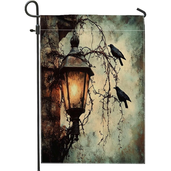 Vintage Ravens Lantern Garden Flag, Double Sided Rustic Outdoor Yard Decor, Halloween Fall Holiday Party Home Decoration, 12 x 18 Inch