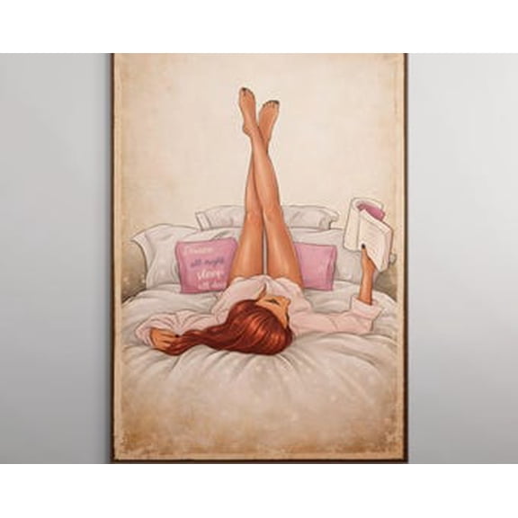 Vintage Reading Girl Poster, Book Lover Wall Art Cozy Reader Aesthetic Library Decor, Retro Bookish Print, 16x24 Poster Print