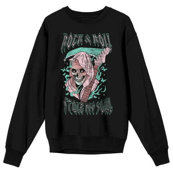Vintage Reaper Flame Butterfly Distressed Men's Black Graphic Crew Neck Sweatshirt-Medium