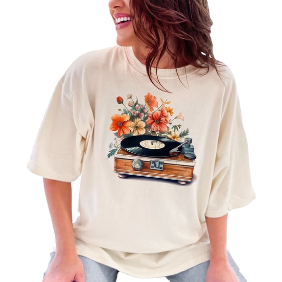 Vintage Record Player with Colorful Flowers Graphic Tee, Retro Vinyl Record Design Shirt, Music Lover Gift, Unique Musician T-Shirt, Ivory Comfort Colors T-Shirt, Medium