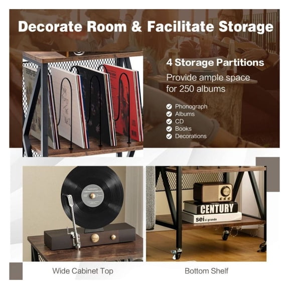 Vintage Record Player Stand - 3 Tier Vinyl Storage Cabinet w/ Dividers - Rolling End Table for Albums, Turntable, Books - Living Room, Bedroom Furniture - Brown