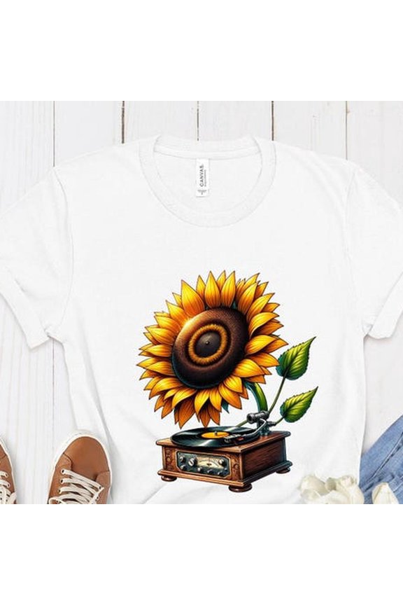 Vintage Record Player T-Shirt - Sunflower Gramophone Shirt Design, Retro Music Tee Top, Unisex Fashion, Classic Vinyl Lover Gift For HerHim