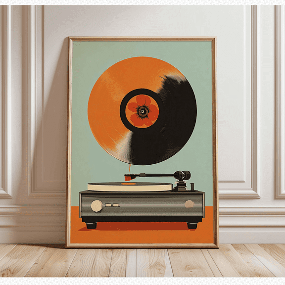 Vintage Record Player Wall Art, Retro Vinyl Flower Poster, Mid Century Modern Music Poster, Poster Only, Poster Home Decor, Poster Only