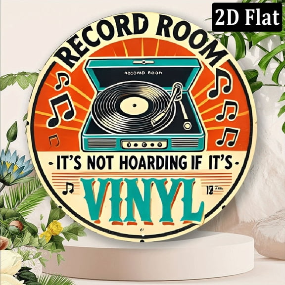 Vintage Record Room Metal Sign Round Aluminum Wall Art with Retro Vinyl Player Design It's Not Hoarding If It's Vinyl Quote, Music-Themed Decor for Home, Bar, Cafe, for Man Cave - No Electr 8*8inch