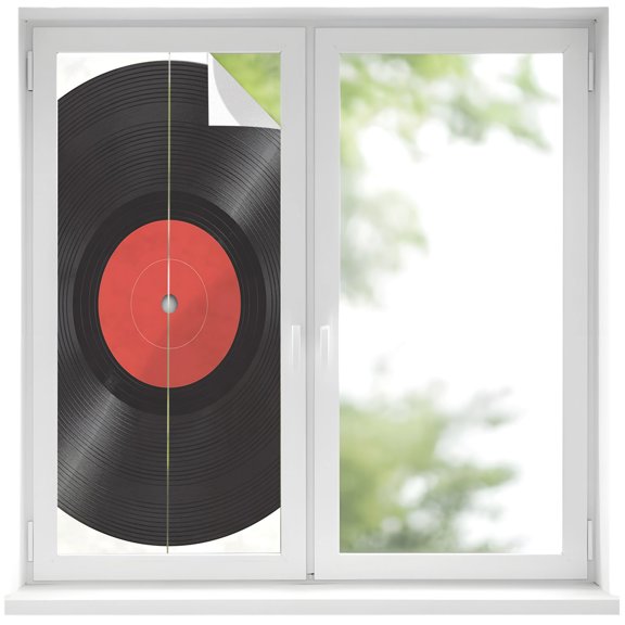 Vintage Record Window Privacy Film 17.7x39.3in red Black Record Abstract Art Simple Decorative Window Film with Static Cling, UV Filtering Window Cling Privacy Film for Glass Doors and Windows