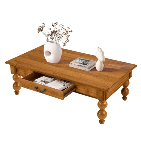 Vintage Rectangle Coffee Table, Wooden Cocktail Table With Storage Drawer and Gourd-Shaped Legs for Living Room Office Apartment