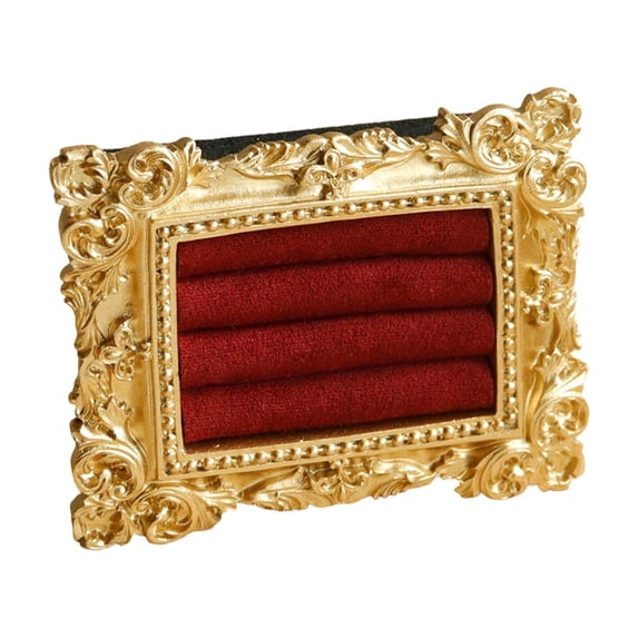 Vintage Rectangle Ring Holder, Elegant Gold Velvet Jewelry Display Frame, Baroque Style Earring Stand & Organizer, Premium Photography Prop for Rings & Studs, Decorative Tray(Red, 4)