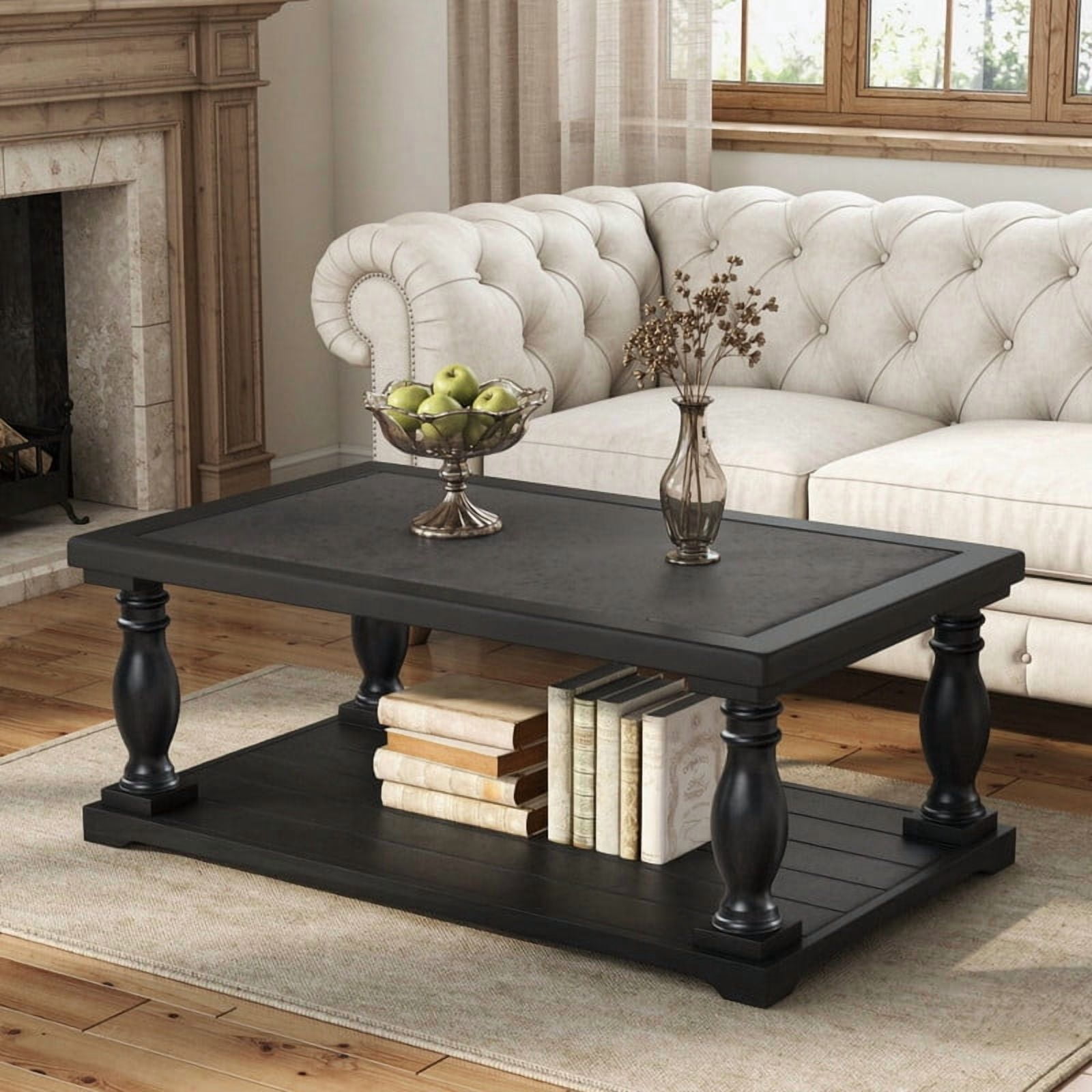 Vintage Rectangular Center Coffee Table with Sculptural Spindle Solid Wood Legs, 2-Tier Traditional Wooden Cocktail End Table