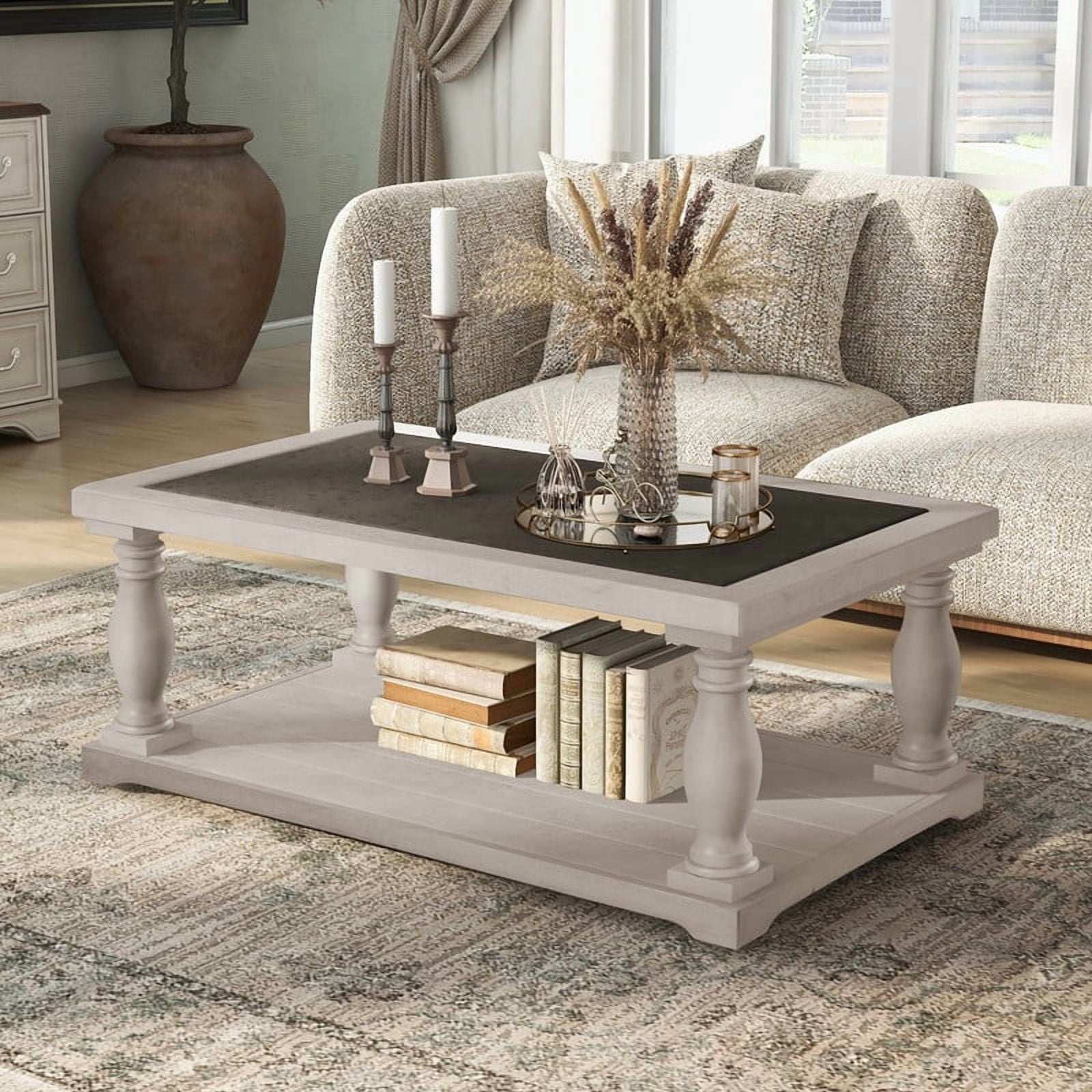 Vintage Rectangular Center Coffee Table with Sculptural Spindle Solid Wood Legs, 2-Tier Traditional Wooden Cocktail End Table
