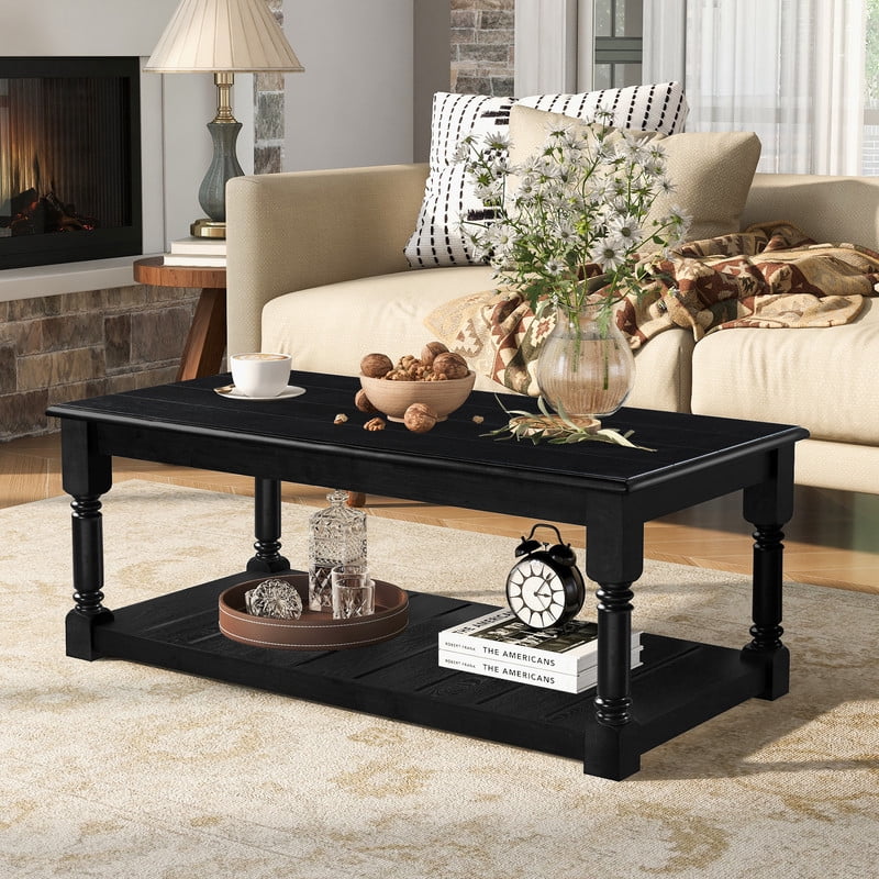 Vintage Rectangular Center Coffee Table with Sculptural Spindle Solid Wood Legs, 2-Tier Traditional Wooden Cocktail End Table