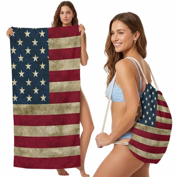 Vintage Red American Flag 2-in-1 Beach Towel Backpack,Quick Dry Beach Towel Blanket Bag,US Flag Stripe Retro Starts Portable Bath Pool Yoga Swim Picnic Camping Towels Travel Essential 31.5x63 Inches