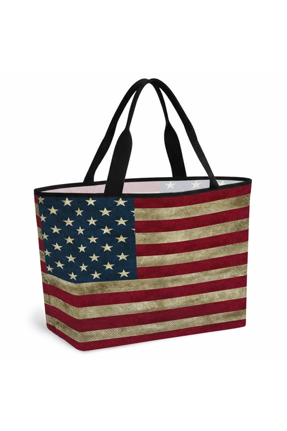 Vintage Red American Flag Beach Bag for Women, Large Breathable Mesh Beach Tote Bag, US Flag Stripe Retro Starts Sandproof Lightweight Travel Bags for Vacation Picnic Swimming Pool 15.7"x15.7"x9.1"