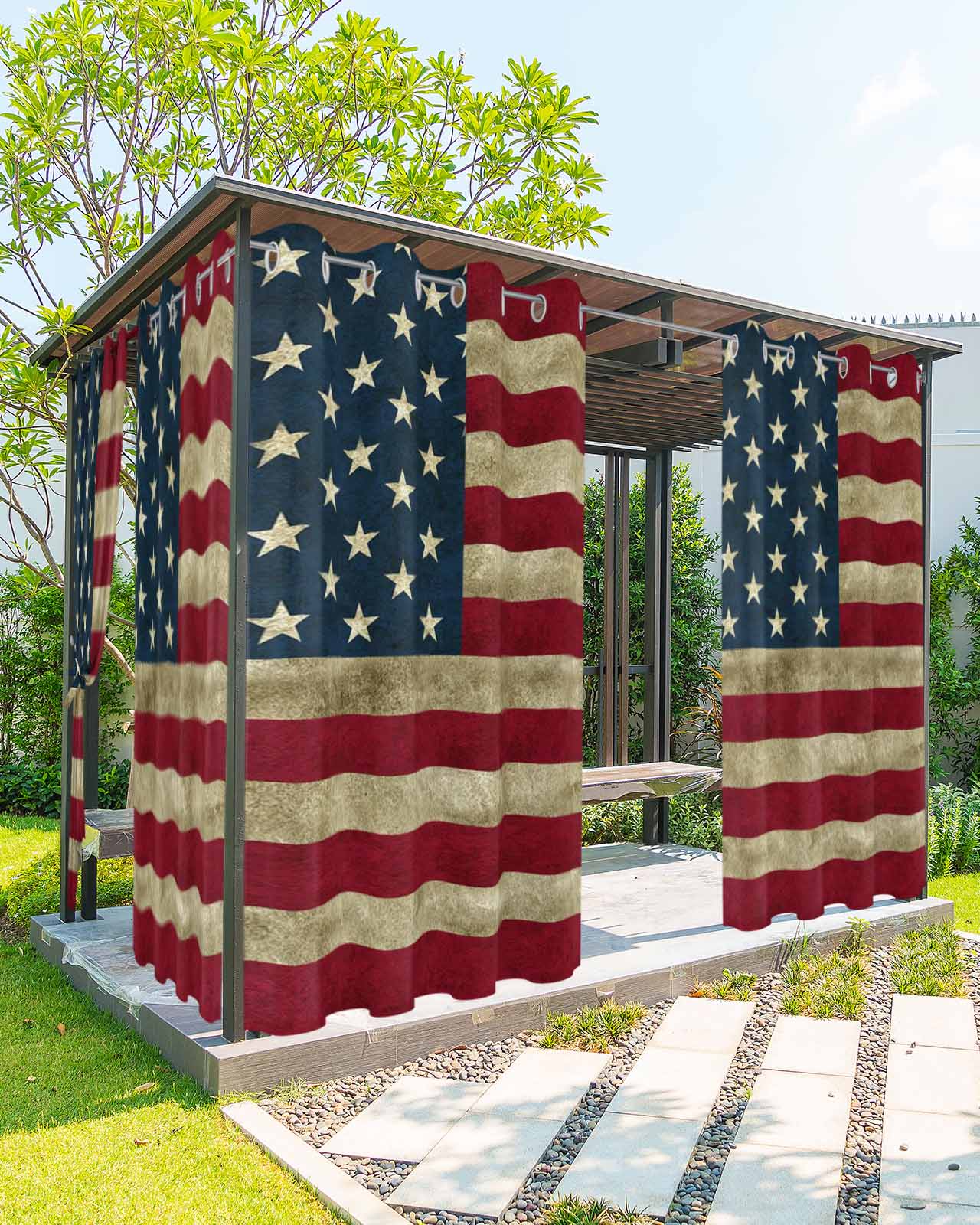 Vintage Red American Flag Outdoor Curtains for Patio, US Flag Stripe Retro Starts Privacy Drapes Grommet Waterproof Outside Curtains for Porch/Cabana/Balcony 54"x 108", 2 Panel