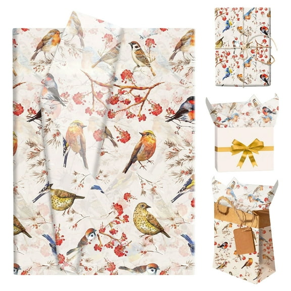 Vintage Red Bird & Floral Tissue Paper - Retro Watercolor Design for Party Decor & Gift Wrapping