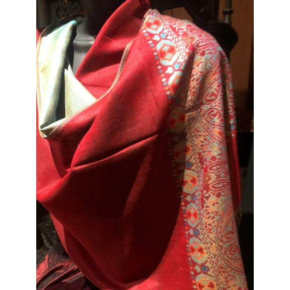 Vintage Red Blue Paisley Brocade Pashmina Scarf Wrap shawl