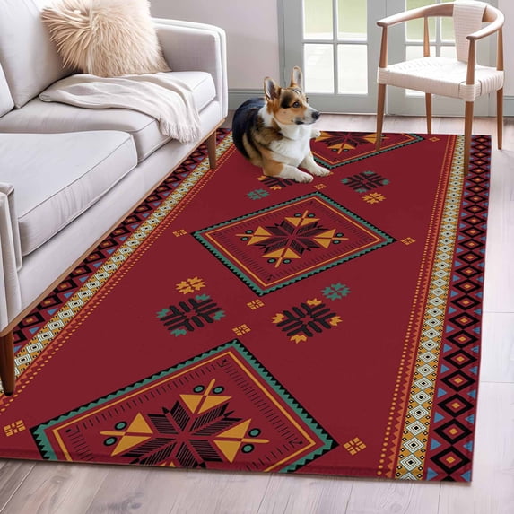 Vintage Red Bohemian Texture Area Rugs 4x6 ft National Ethnic Tribe Abstract Geometric Washable Rug Non Slip Indoor Carpet Absorbent Floor Mat for Living Room Bedroom Dining Room