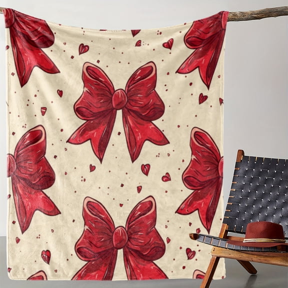 Vintage Red Bowknot and Heart Print Flannel Throw Blanket - Cozy Soft Warm Multipurpose Knitted Throw for Couch, Sofa, Office, Camping, Travel, Gift-Ready for All Seasons, 100% Polyester, 250-300gsm