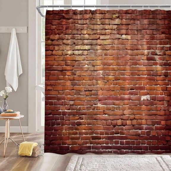 Vintage Red Brown Brick Wall Shower Curtain Retro Stone Brick Rocks Rustic Country Farmhouse Geometric Wall Fabric Bathroom Decor Curtain With Hooks 36"W x 72"L
