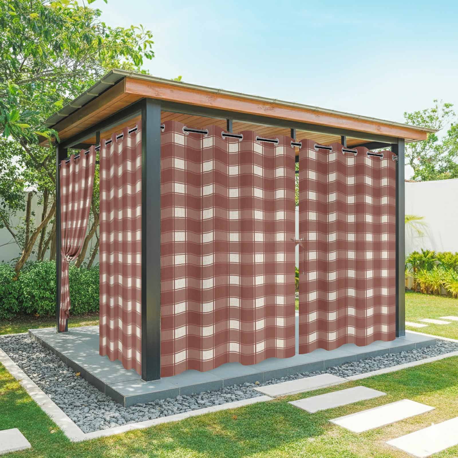 Vintage Red Brown Plaid Outdoor Curtains for Patio, Country Pastoral Farmhouse Checkered Plaid Sunshade Privacy Drapes Grommet Waterproof Outside Curtains for Porch/Cabana/Balcony 54"x 108", 1 Panel