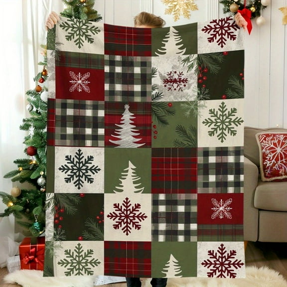 Vintage Red Buffalo Plaid and Snowflake Pattern Comfortable Christmas Blanket Soft Flannel Camping Travel Home Decoration Gift