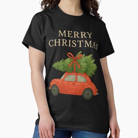 Vintage Red Car with Christmas Tree Festive Holiday Graphic Unisex T-Shirt, up to size 5XL