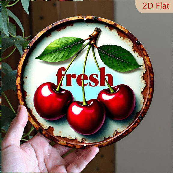 Vintage Red Cherry Metal Wall Art, Rustic Fresh Fruit Circular Aluminum Sign for Kitchen Dining Room Decor, 8x8 Inch Decorative Wall Plaque