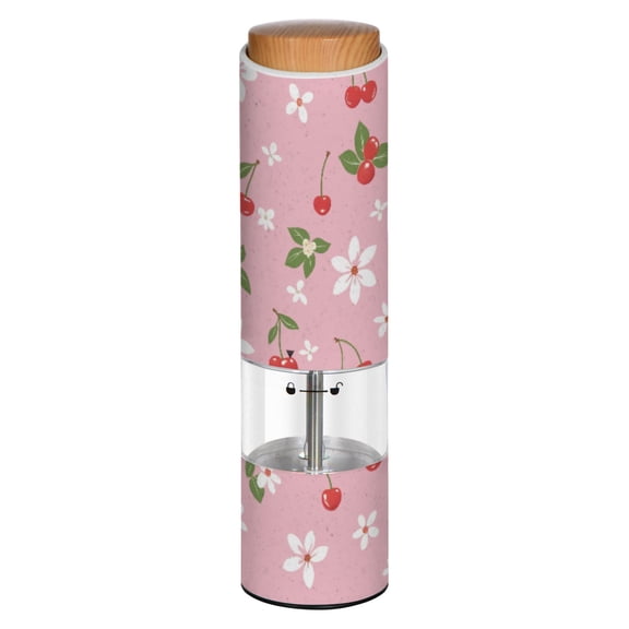 Vintage Red Cherry Printed Electric Pepper Mill One-Touch Battery Operated Salt Grinder Adjustable Coarseness Decorative Counter Spice Tool