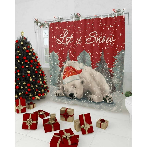 Vintage Red Christmas Shower Curtain, Xmas Bear Tree Snowflake Waterproof Washable Boho Funny Cute Shower Curtains Set for Bathroom Farmhouse Bathtubs Decor with Hook, 72"Wx84"L