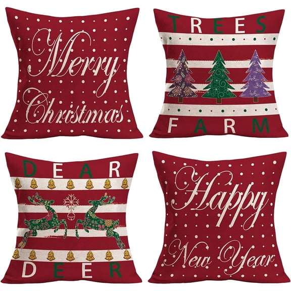 Vintage Red Christmas Throw Pillow Covers Farm Trees Deer Blessing Decorations Pillow Cases Set of 4 18x18 Inch Linen Holiday Rustic Xmas Pillow Cover for Sofa Couch Winter Decor (CHR-02 Set)