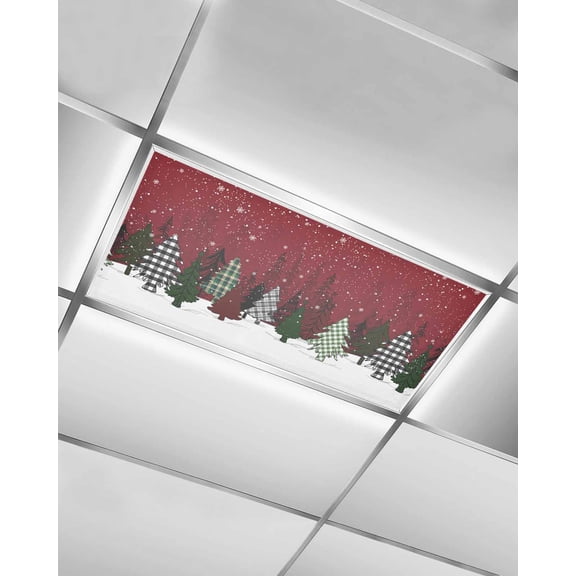 Vintage Red Christmas Tree Fluorescent Light Covers for Ceiling Lights 4x2 feet,1 Pack Magnetic Light Filters for Classroom,Xmas Tree Snowflake Fluorescent Light Shade Panel for Office School Drop