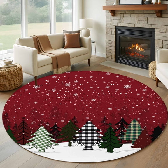 Vintage Red Christmas Tree Round Area Rug 6 FT, Non Slip Bedroom Area Rug, Xmas Tree Snowflake Washable Soft Circular Carpet Non-Shedding Floor Mat for Kitchen Dining Room Home Office Kids Room