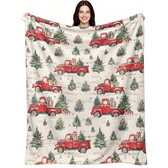 Vintage Red Christmas Truck with Pine Tree Pattern, Soft Warm Flannel Fleece, Vintage Rustic Farmhouse, Throw Blanket, Cozy Warm, Home Decor, Couch Bed