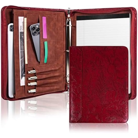 Vintage Red Embossed Planner Binder,Padfolio for Women,Leather Binder 3 Ring,A4 PU Leather Portfolio,Legal Size Padfolio,Business Portfolio for Women