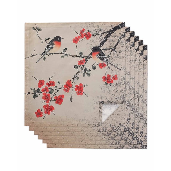 Vintage Red Floral Cloth Napkins Set of 6, Farmhouse Birds Botanical Washable Reusable Dinner Cocktail Napkin for Kitchen Party Wedding Banquet Holiday Baby Shower Table Decor
