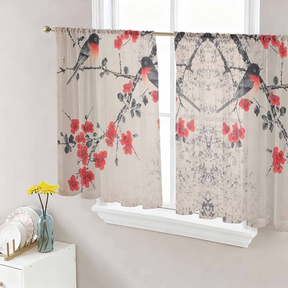 Vintage Red Floral Sheer Curtains 54 Inch Length 2 Panels Set, Farmhouse Birds Botanical Voile Window Treatment Rod Pocket Short Kitchen Curtains Drapes for Bedroom 52"x54"x2