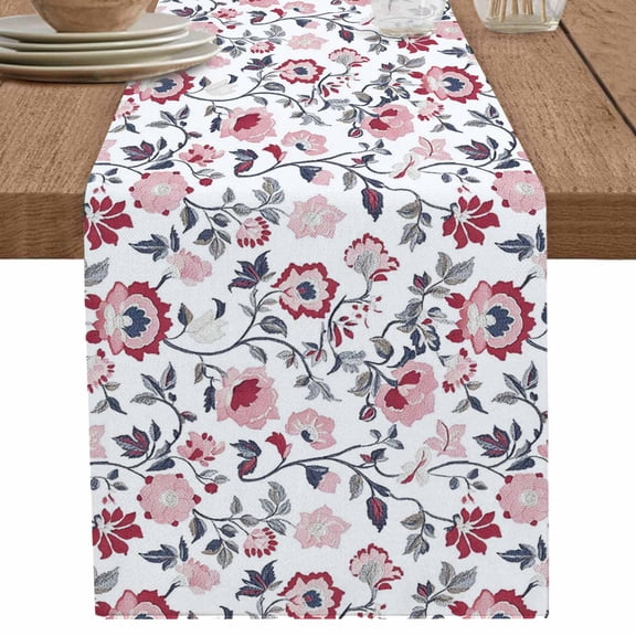 Vintage Red Flower Floral on White Table Runner-70 Inch Long Watercolor Plant Table Runners Linen Burlap Tablerunner for Kitchen Dining Room Holiday Party