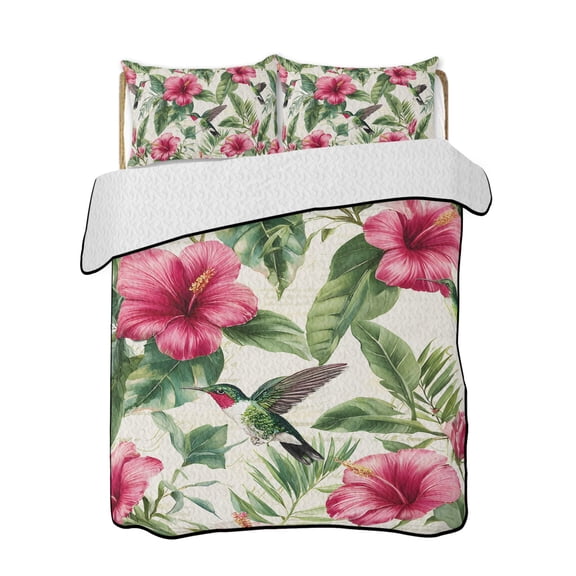 Vintage Red Flower Quilts Bedding Set California King Tropical Botanical Hibiscus Green Leaf Summer Lightweight Quilted Bedspread 3 Piece Bed Quilt with 2 Pillow Shams for Bedroom 96" x 106"