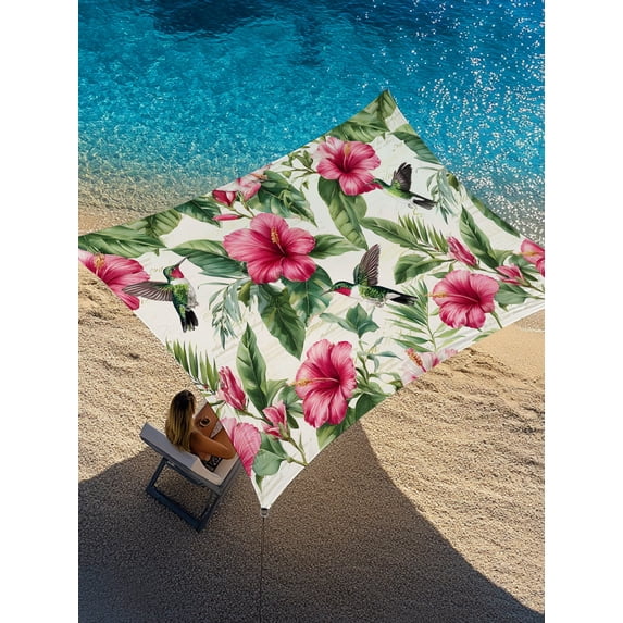 Vintage Red Flower Sun Shade Sail 6.5' x 10', Tropical Botanical Hibiscus Green Leaf Summer Rectangle Outdoor Sunshade Canopy, Waterproof UV Block Patio Covers for Garden Yard Beach