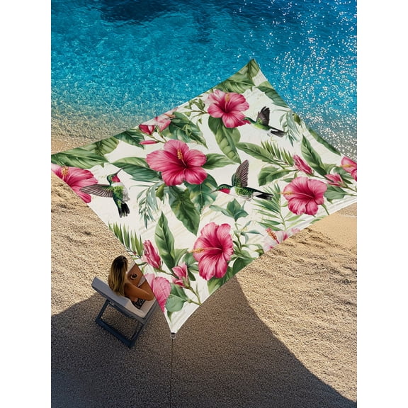 Vintage Red Flower Sun Shade Sail 6.5' x 10', Tropical Botanical Hibiscus Green Leaf Summer Rectangle Outdoor Sunshade Canopy, Waterproof UV Block Patio Covers for Garden Yard Beach