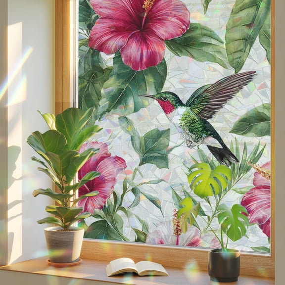 Vintage Red Flower Window Privacy Film, Tropical Botanical Hibiscus Green Leaf Summer Stained Glass Rainbow Film Decorative Window Clings, Static Cling Sun Blocking Stickers 17.7" x 39.3"